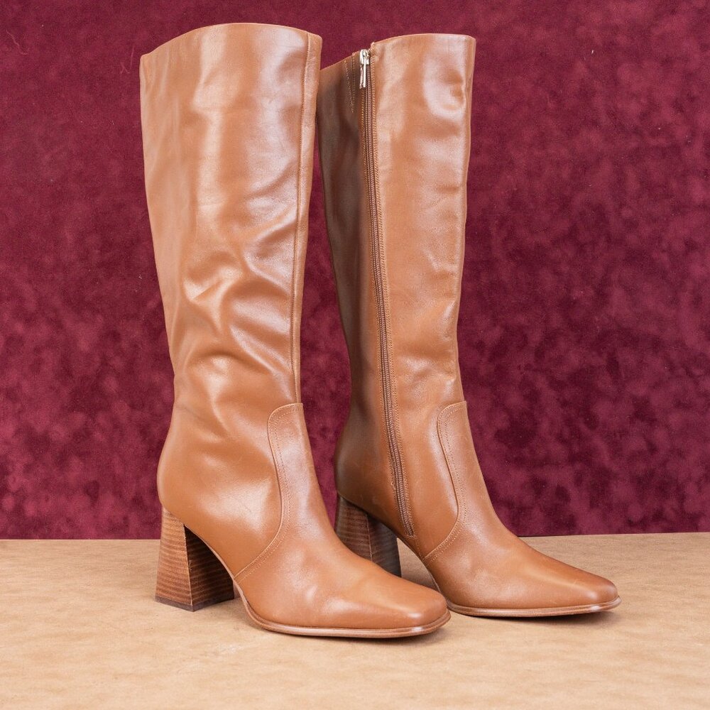 Marc Fisher Women Dreeam Brown Leather Block Heel Square Toe Tall Boots sz 9.5